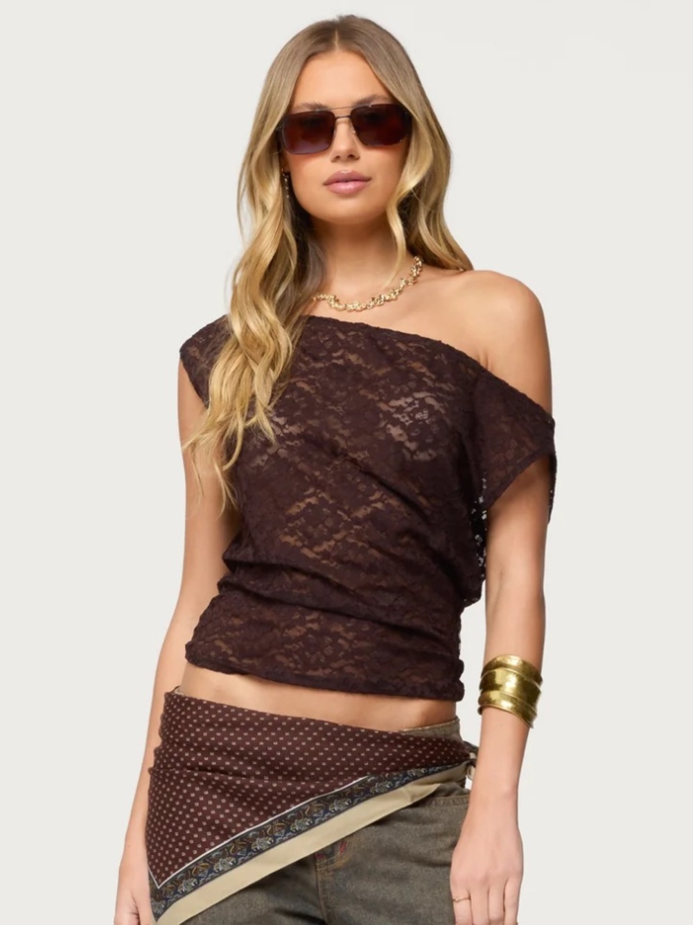 Edikted Sheer Lace Off Shoulder Top